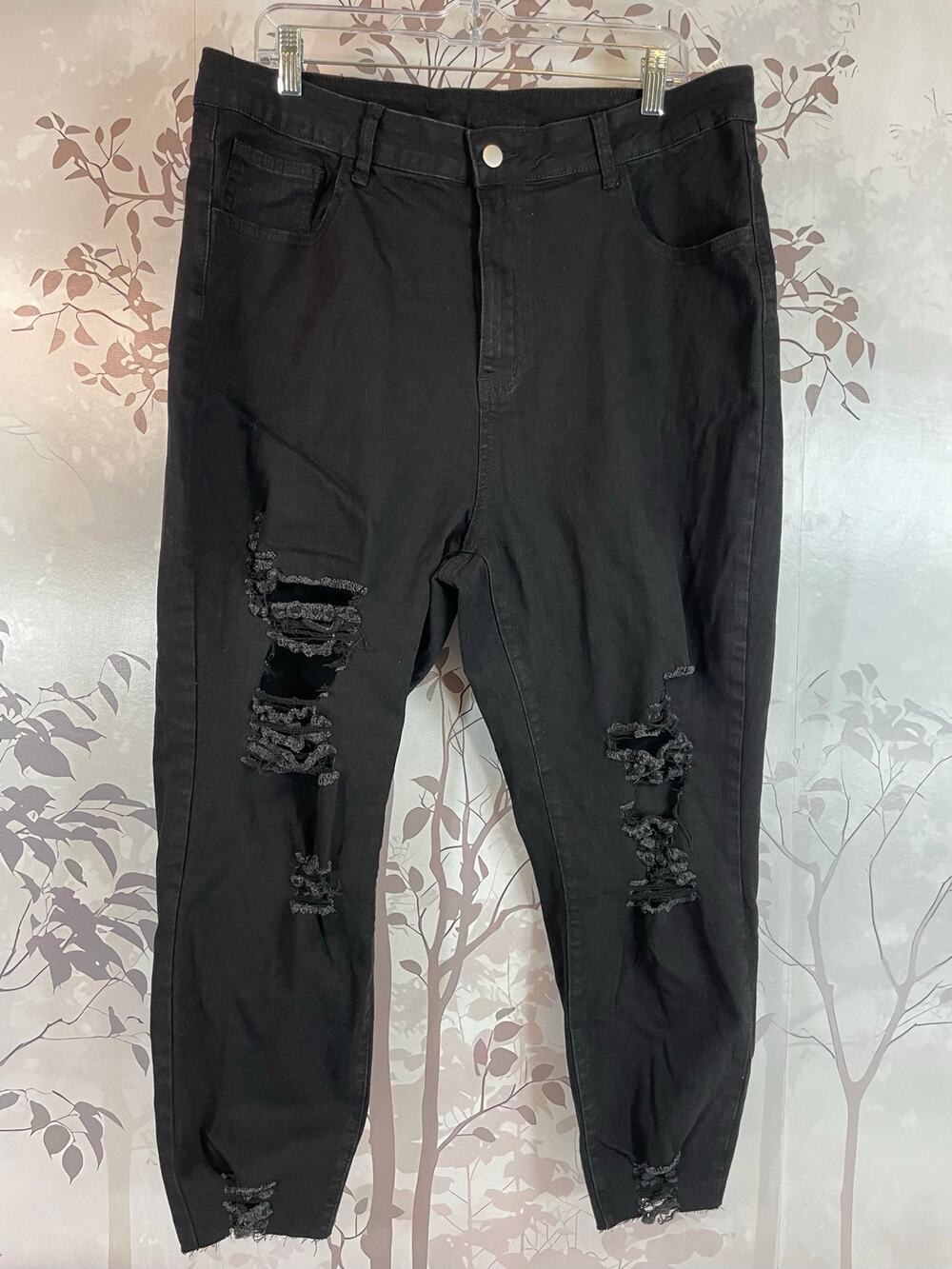 SHEIN CURVE 3XL Distressed Ripped High Rise Jeans Black Plus Ankle Denim Cropped